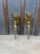 Vintage MCM Brass Wall Hanging Candle Holders Sconces Matching Pair picture