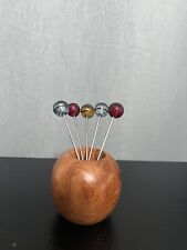 Vintage Spanish handblown glass cocktail picks, set of 5, with wooden holder picture