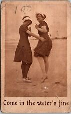 Bathing Beauty Pair at the Beach 1910 Risque Postcard The Water’s Fine JC13 picture
