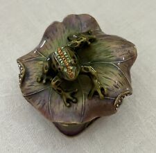 Enameled Bejeweled Rhinestones Frog Treasure Trinket Box on Lily Pad Vintage picture