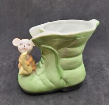 Vintage Ardco Ceramic Mouse Holding Saxophone on Green Boot Planter Vase picture