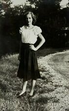Pretty Woman With Hand On Hip Standing By Dirt Road B&W Photograph 2.75 x 4.5 picture