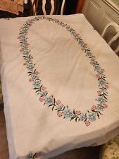 Vintage Sweet pink/blue floral cross stitched /scalloped edges tablecloth 57x83  picture