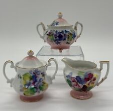 Vintage Small Pansy Floral Design Sugar Bowl,Creamer,Compote Set Made In Japan picture