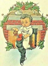 Christmas Vintage Good Cheer Greeting Child with Stocking Fireplace Toy Embossed picture