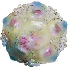 ATQ RS Prussia Cabinet Bowl Lily Mold #29 Yellow /pink Roses 10 1/2” picture