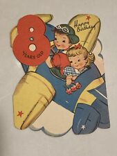1940's Gibson Mechanical Birthday Greeting Card Cute Boy & Girl Flying Airplane picture