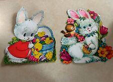 2 Vintage Easter Bunny Die Cut Cardboard 70's Decorations picture