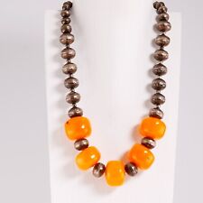 LARGE OLD PAWN STERLING SILVER AMBER STAMPED BENCH BEAD NECKLACE 22