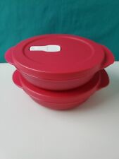 Tupperware CrystalWave Microwave PLUS 1.5 Cup 390 ml Round Bowl Red Set Of 2 picture