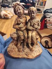 Rare Vintage Chalkware Figurine Sitting Peasant Children With Pipe picture