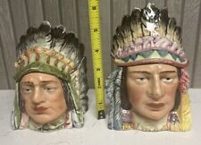 Set Of 2 VTG Native American Indian Chief Ceramic Tobacco Jar HandPainted picture