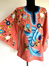 VTG 1960's Peach Embroidery Bell Sleeves Bird Paradise Hippy Mod Tunic Blouse M picture
