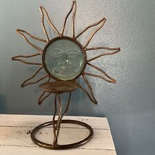 Vintage wrought iron Candle Holder Glass Sun Face picture