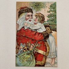 Antique Embossed Christmas Postcard Santa Printed Robe Stars Hearts HI Robbins picture