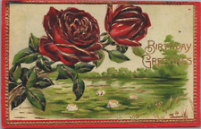 Vtg Postcard Happy Birthday Greetings Red Roses Embossed Lily PondScene 1910's picture