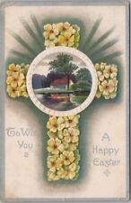 Vintage HAPPY EASTER Embossed Postcard House Scene / Flower Cross - 1910 Cancel picture