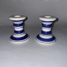 Set of 2 Blue & White Striped Candlestick Holders Porcelain 3.5” picture