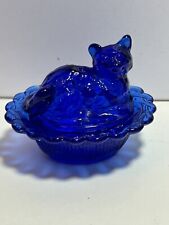 NWT Vintage Mosser Cobalt Blue Glass Nesting Cat Kitten Basket Nest Trinket Dish picture
