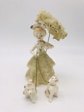 Vtg 1950’s Girl Lace dress & Umbrella Poodle Dogs on Chain Porcelain picture