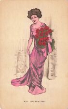 Postcard Beautiful Lady With Bouquet Roses Flowers Colored Sketch The Hostess picture