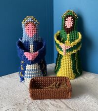 Vintage Crochet Canvas Handmade Nativity Scene Mary Joseph NEEDS BABY JESUS picture