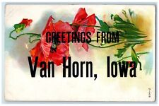 c1910's Greetings From Van Horn Iowa IA Red Flowers Embossed Antique Postcard picture