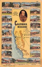 California Missions Map Dolores San Juan Bautista Santa Clara Vtg Postcard Z5 picture