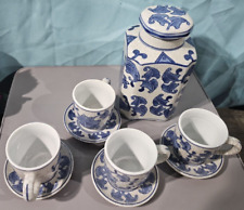 Chinese Blue Floral Crackled Glazed Tea Pot w/Four Cups & Saucers - Vintage picture