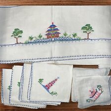 Vintage Embroidered Asian Temple Tablecloth Set W/ 6 Napkins Cross Stitching picture