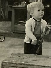 AfC) Found Photo Photograph Vintage Boy Trying To Use Hand Drill Tool picture