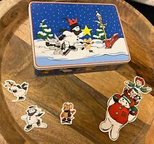 Snowden Snowman Christmas Keepsake Tin Can Blue White & Magnets Raggedy Ann VTG picture