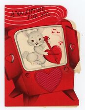 Vintage Valentine's Day Card Die Cut c1950's TV Hearts Bunny Playing Music picture