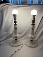 Vintage Pair Of Painted Milk Glass Swirl Pattern Lamps White Glass Yellow Flower picture