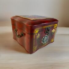 Vintage Wooden Jewelry Keepsake Box Hand Painted Floral With Hinged Lid Red Blue picture