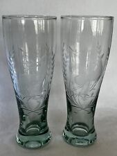 Pair German Heavy Green Glass Engraved Wheat & Deer Beer Glasses 9.25T New E704 picture