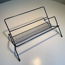 Vintage Mid Century Perforated Metal Book Rack Stand Tabletop 45’s Holder Black picture