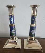 Vintage Pair of Cloisonne Floral Enamel Inlay Heavy Brass Candlestick Holders picture