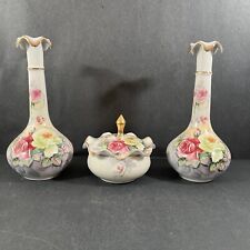 Vintage 3 Piece Vanity Set Arnart Japan Porcelain 1950s Powder Jar Vases Roses picture