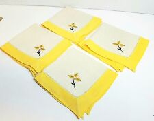 Vintage Linen Hand Sewn Embroidered Yellow Napkins Flowers  picture