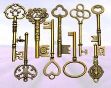 Hot 9pcs Keys BIG Large Antique Vintage Brass Skeleton Lot Cabinet Barrel Lock picture