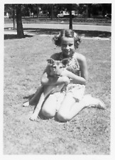 Vintage Photo Pretty Little Girl Hugging Her Pet Dog Puppy picture