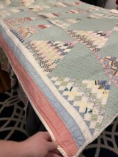 Vintage Atq Handmade Quilt Sugarloaf Feedsack Triangles Stitched picture
