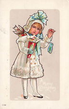 LOVELY VINTAGE CHRISTMAS POSTCARD GIRL IN WHITE COAT EMBOSSED 1915 101723 S picture