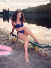 2000s Retro Photo Beach Slender Young Woman Bikini Posing on Bench River Bank picture