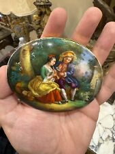 A Lovely Miniature Antique Oval Porcelain Plaque Painting Couple Playing Music picture