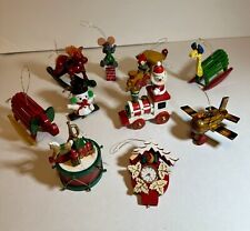 VTG WOODEN Miniature Christmas Ornaments Colorful Plane Drum Train Animals Snow picture