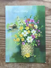Vintage Floral Gems Flowers In Basket Covered Bridge Birthday Card Ephemera picture