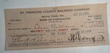 St Francois County Railroad Co. Check Dated Dec. 22 1919. Bonne Terre, Mo. picture