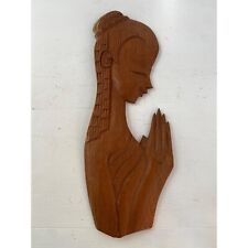 Vintage MCM Carved Wood Teak Wall Art Woman Praying Silhouette picture
